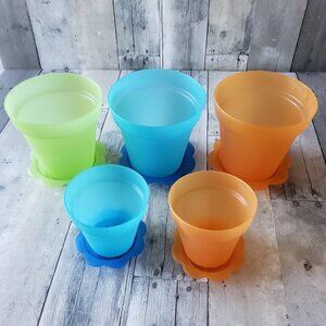 Set of 5 Plastic Planters and Saucers in Bright Colors